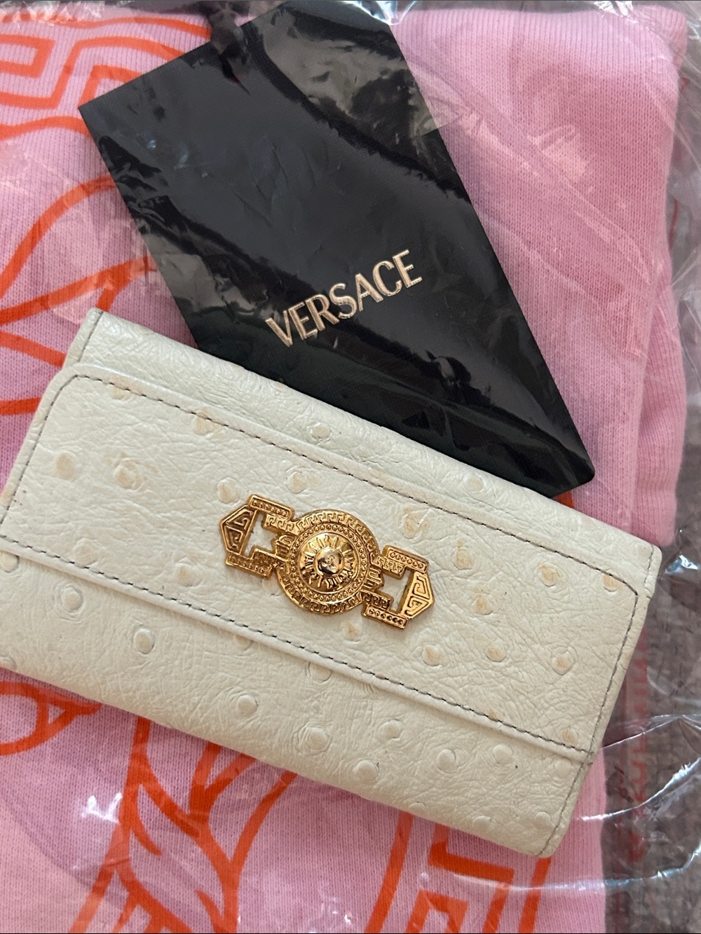 Vintage Versace Cream Leather Key Case with Gold Medallion Hardware